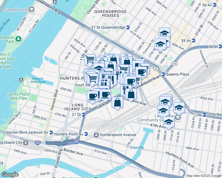 map of restaurants, bars, coffee shops, grocery stores, and more near 23-29 44th Drive in Queens