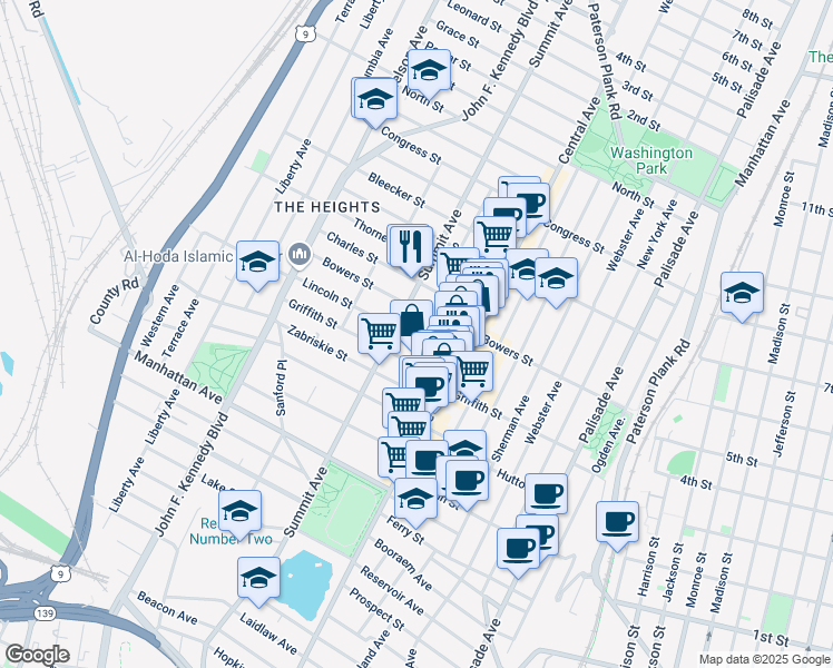 map of restaurants, bars, coffee shops, grocery stores, and more near in Jersey City