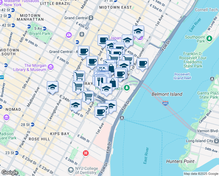 map of restaurants, bars, coffee shops, grocery stores, and more near 322 East 39th Street in New York