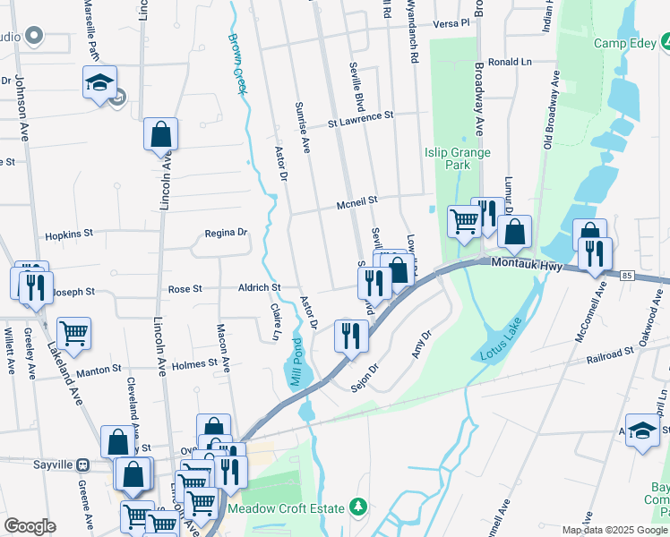 map of restaurants, bars, coffee shops, grocery stores, and more near 127 Sunrise Avenue in Sayville