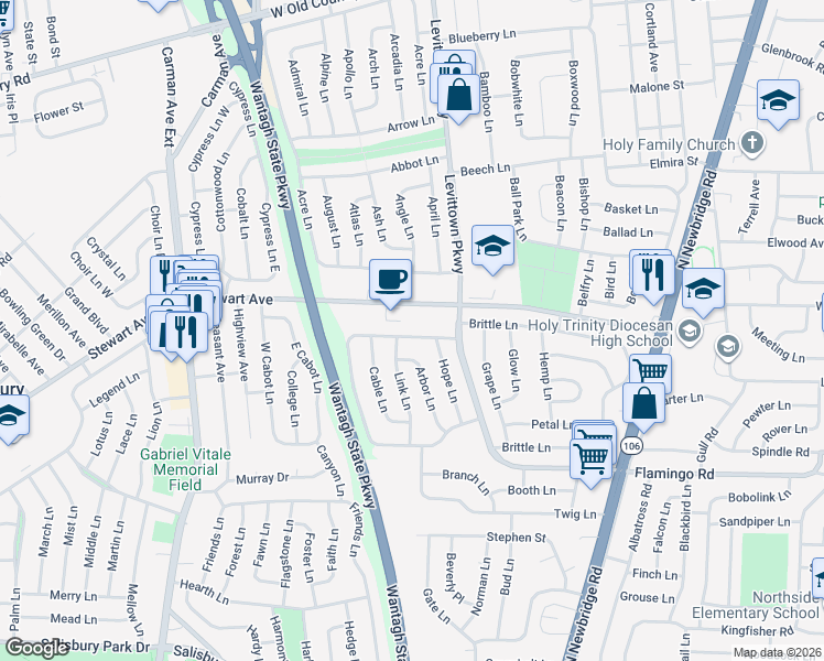 map of restaurants, bars, coffee shops, grocery stores, and more near 20 Rim Lane in Hicksville
