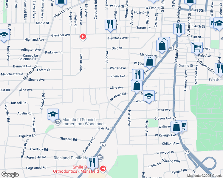 map of restaurants, bars, coffee shops, grocery stores, and more near 243 Cline Avenue in Mansfield