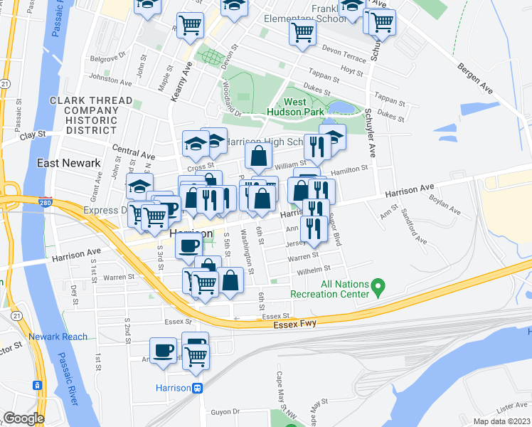 map of restaurants, bars, coffee shops, grocery stores, and more near 612 Harrison Avenue in Harrison