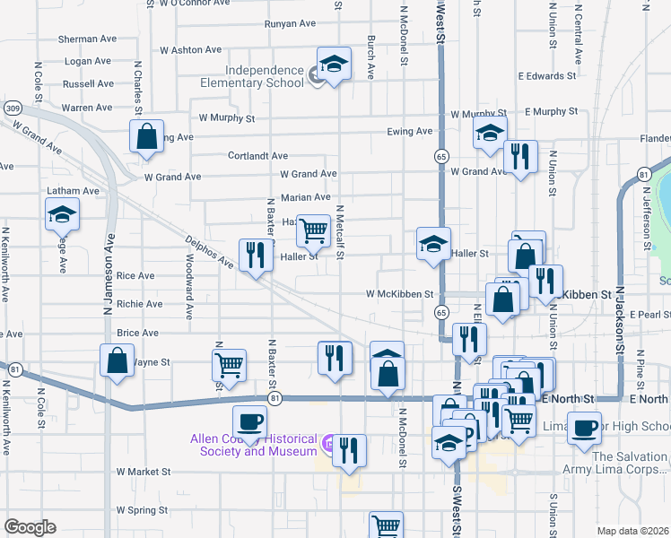 map of restaurants, bars, coffee shops, grocery stores, and more near 621 North Metcalf Street in Lima