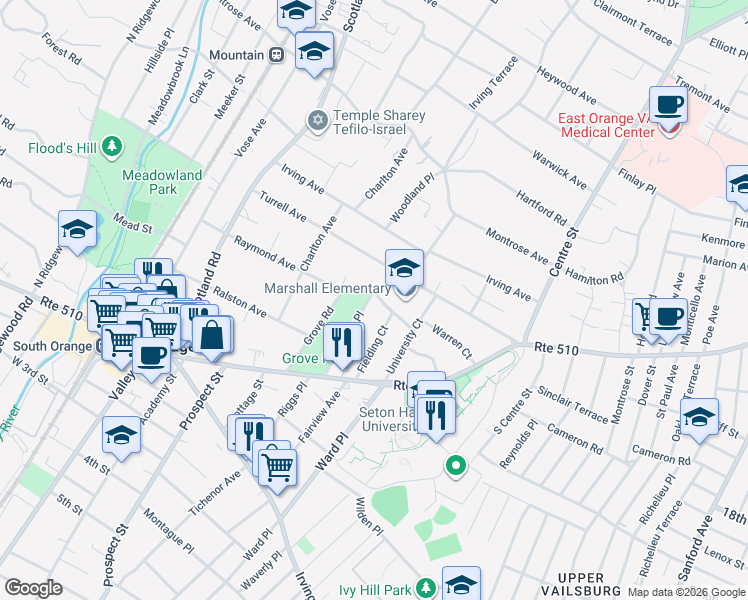 map of restaurants, bars, coffee shops, grocery stores, and more near 90 Park Place in South Orange