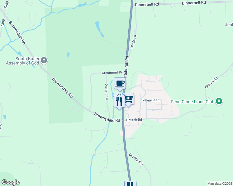 map of restaurants, bars, coffee shops, grocery stores, and more near 770 Pittsburgh Road in Butler