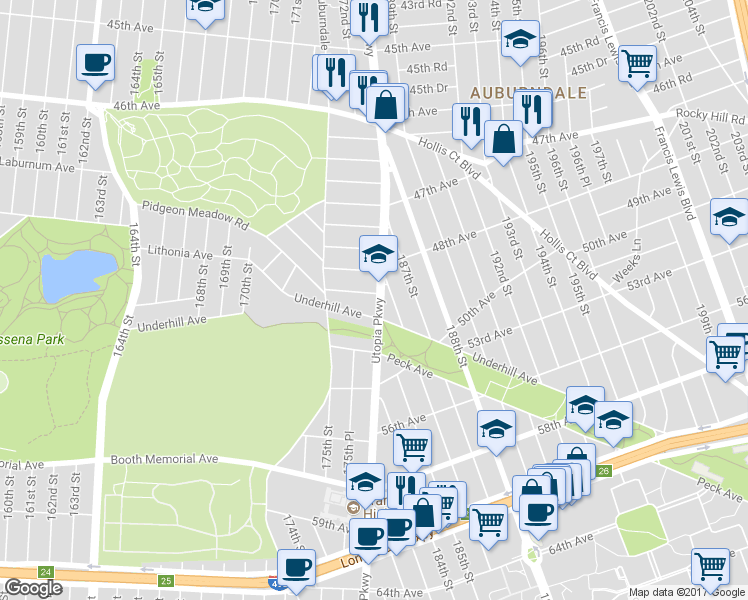 map of restaurants, bars, coffee shops, grocery stores, and more near 174-56 Pidgeon Meadow Road in Queens