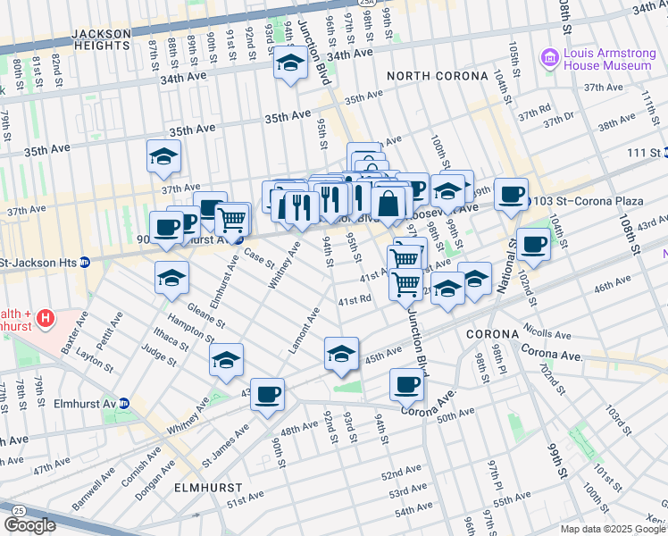 map of restaurants, bars, coffee shops, grocery stores, and more near 94-2 40th Drive in Queens