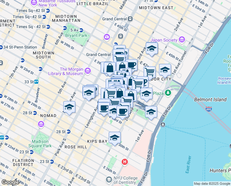 map of restaurants, bars, coffee shops, grocery stores, and more near 162 East 36th Street in New York