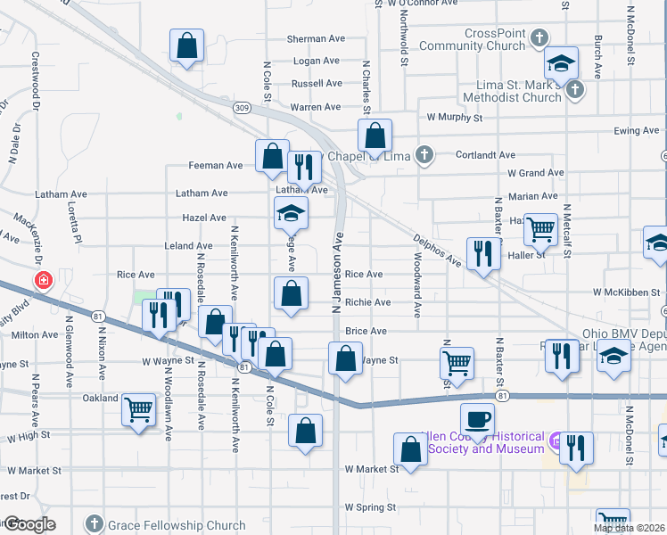map of restaurants, bars, coffee shops, grocery stores, and more near 700 Ohio 309 in Ada