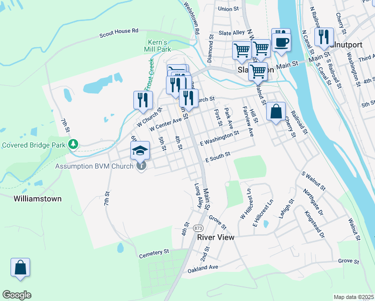 map of restaurants, bars, coffee shops, grocery stores, and more near 315 West Washington Street in Slatington