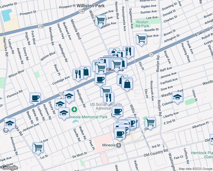 map of restaurants, bars, coffee shops, grocery stores, and more near 188 Jefferson Avenue in Mineola