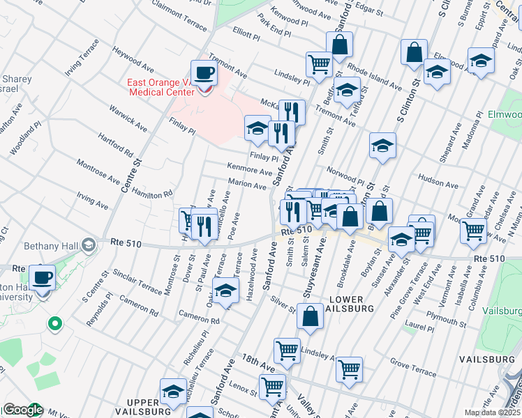 map of restaurants, bars, coffee shops, grocery stores, and more near 425 Sanford Avenue in Newark