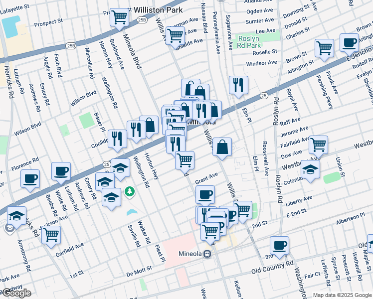 map of restaurants, bars, coffee shops, grocery stores, and more near 188 Jefferson Avenue in Mineola