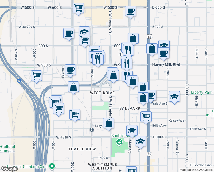 map of restaurants, bars, coffee shops, grocery stores, and more near 987 South West Temple in Salt Lake City