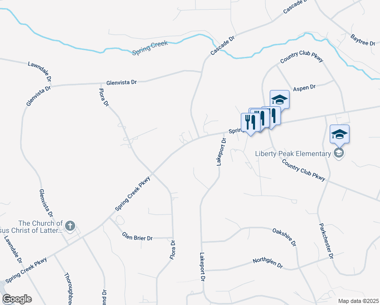 map of restaurants, bars, coffee shops, grocery stores, and more near 184 Spring Creek Parkway in Spring Creek