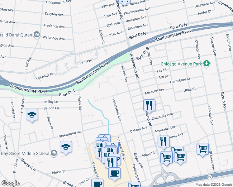 map of restaurants, bars, coffee shops, grocery stores, and more near 188 Newbrook Lane in Bay Shore