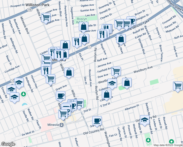 map of restaurants, bars, coffee shops, grocery stores, and more near 187 Roslyn Road in Mineola