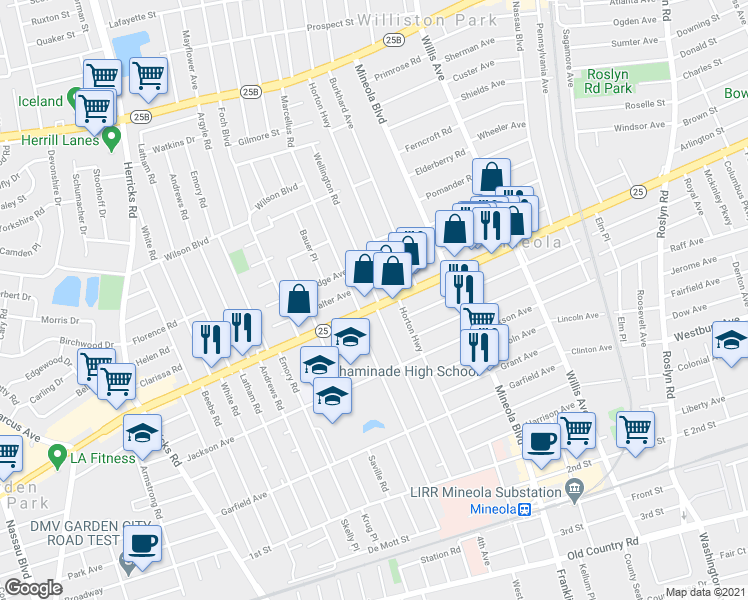map of restaurants, bars, coffee shops, grocery stores, and more near 286 Jericho Turnpike in Mineola