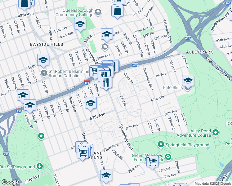 map of restaurants, bars, coffee shops, grocery stores, and more near 221-22 64th Avenue in Queens