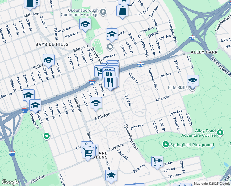 map of restaurants, bars, coffee shops, grocery stores, and more near 221-22 64th Avenue in Queens