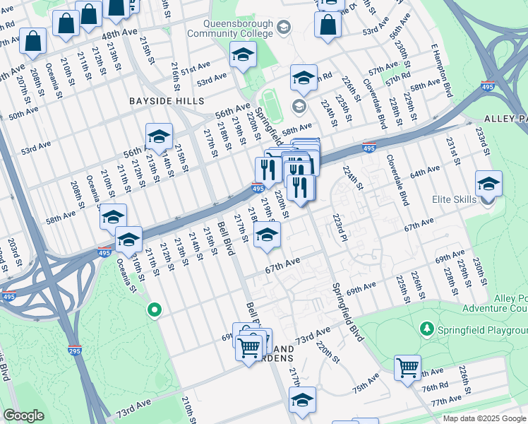 map of restaurants, bars, coffee shops, grocery stores, and more near 61-33 219th Street in Queens