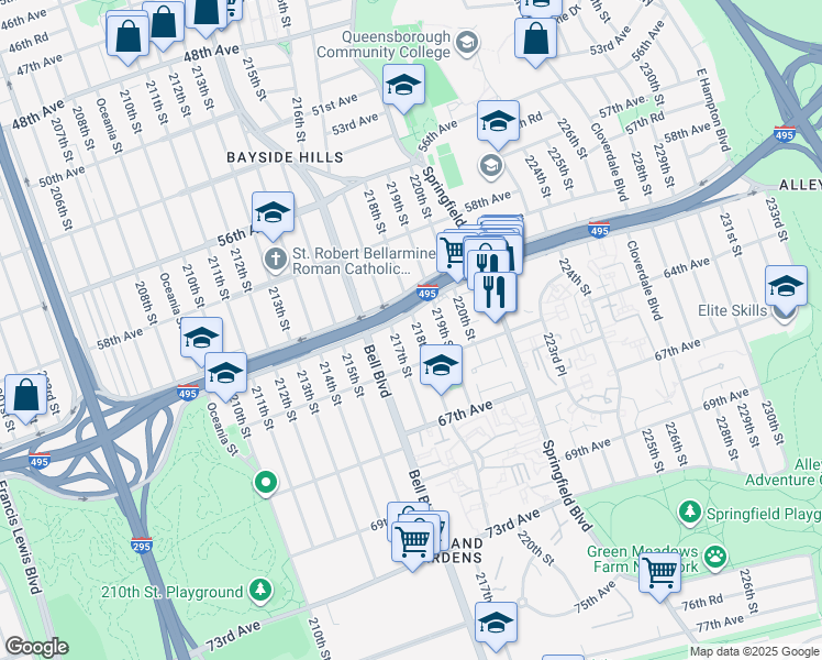 map of restaurants, bars, coffee shops, grocery stores, and more near 61-10 218th Street in Queens
