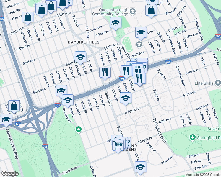 map of restaurants, bars, coffee shops, grocery stores, and more near in Queens