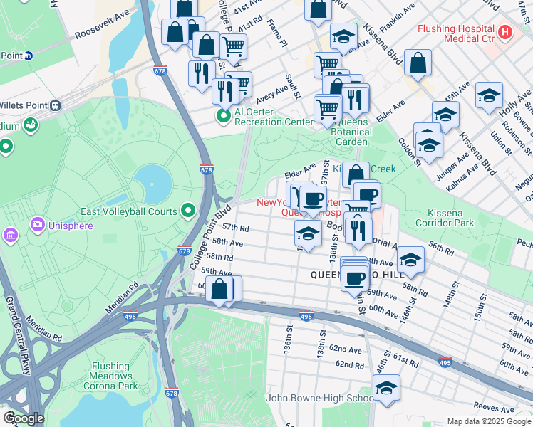 map of restaurants, bars, coffee shops, grocery stores, and more near 132-37 57th Avenue in Queens