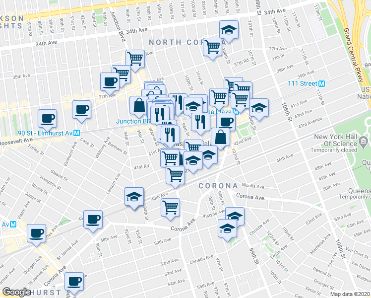 map of restaurants, bars, coffee shops, grocery stores, and more near 40-6 97th Street in Queens