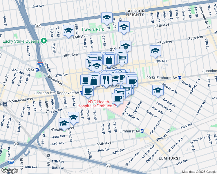 map of restaurants, bars, coffee shops, grocery stores, and more near in Queens