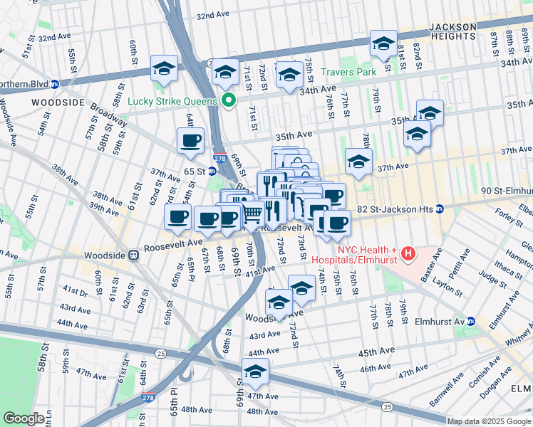 map of restaurants, bars, coffee shops, grocery stores, and more near 6922 Roosevelt Avenue in Queens