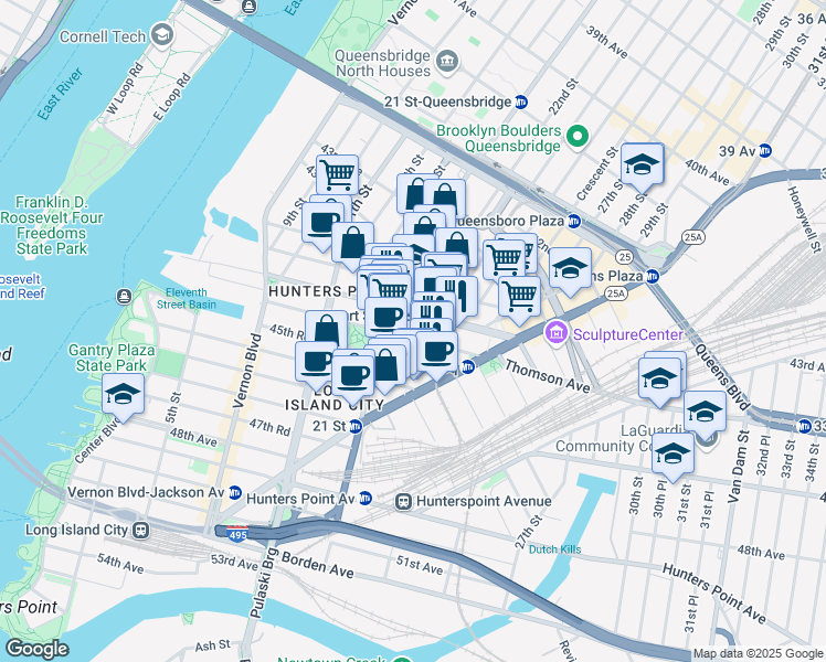 map of restaurants, bars, coffee shops, grocery stores, and more near 44-66 21st Street in Queens