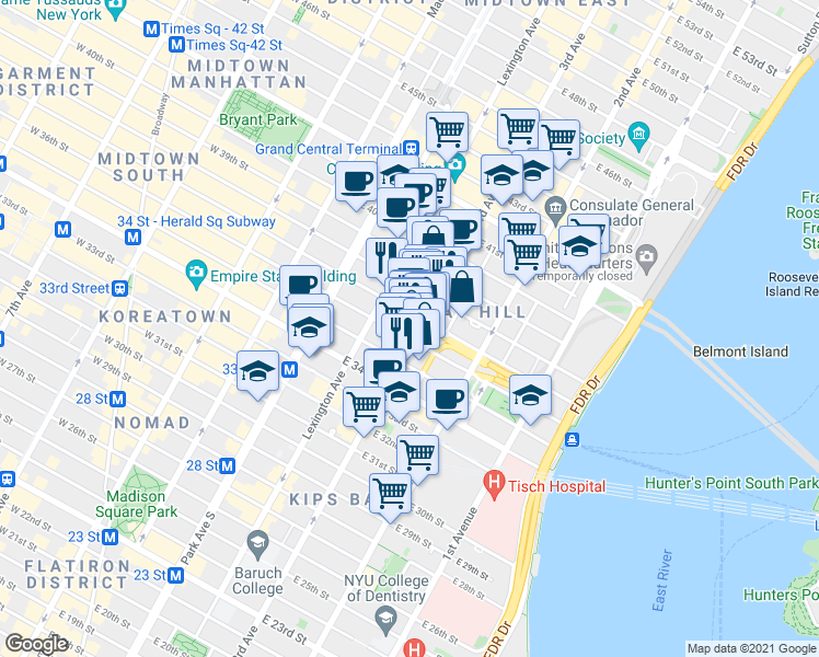 map of restaurants, bars, coffee shops, grocery stores, and more near 162 East 36th Street in New York