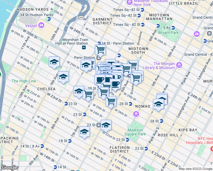 map of restaurants, bars, coffee shops, grocery stores, and more near 145 West 28th Street in New York