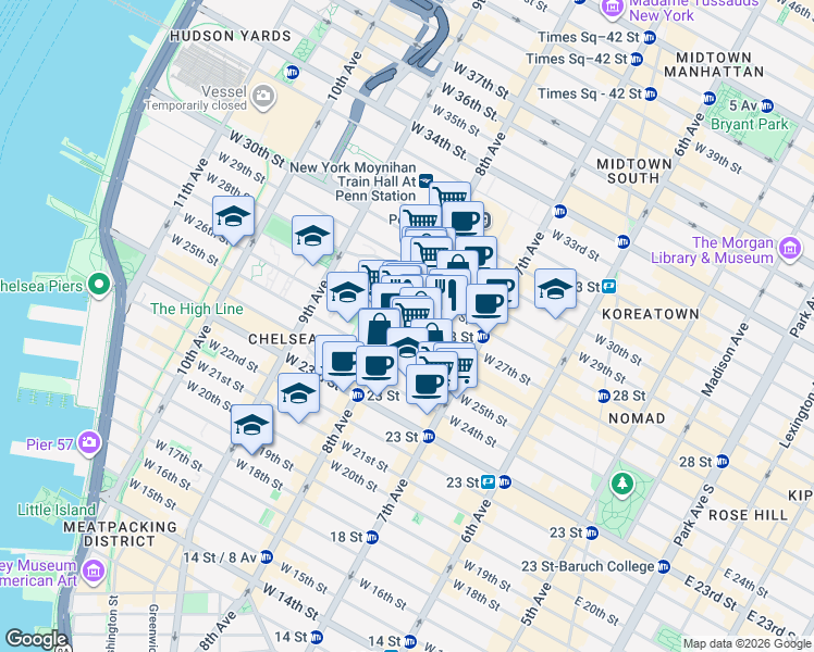 map of restaurants, bars, coffee shops, grocery stores, and more near 328 8th Avenue in New York