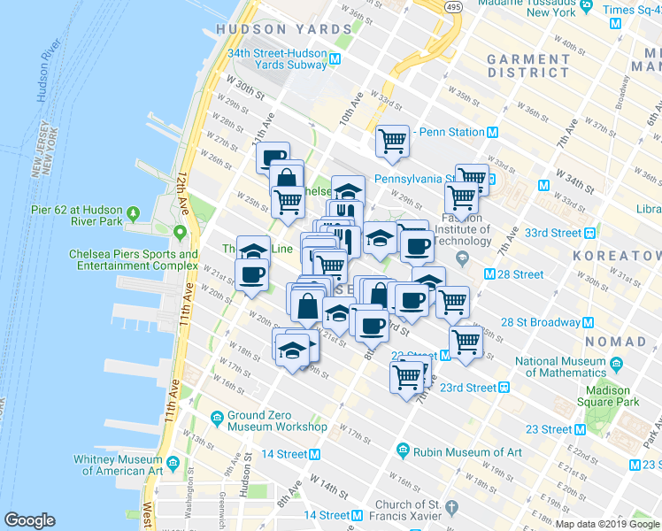 map of restaurants, bars, coffee shops, grocery stores, and more near 233 9th Avenue in New York