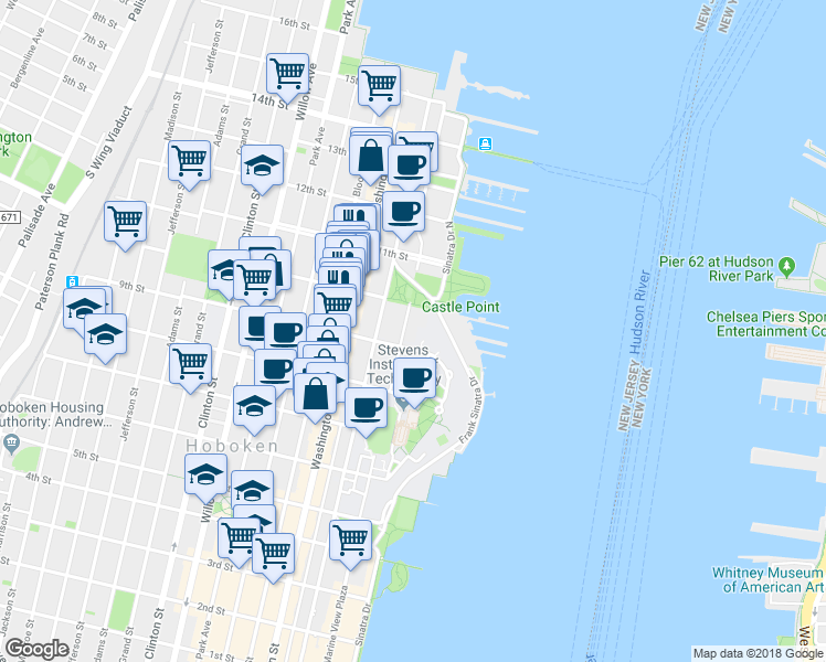 map of restaurants, bars, coffee shops, grocery stores, and more near 2 9th Street in Hoboken