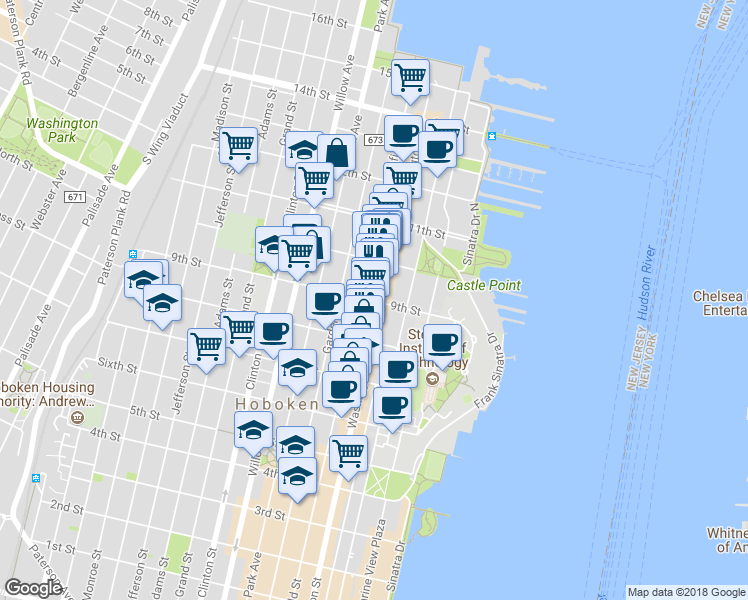 map of restaurants, bars, coffee shops, grocery stores, and more near 902 Washington Street in Hoboken