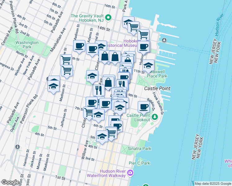 map of restaurants, bars, coffee shops, grocery stores, and more near 167 9th Street in Hoboken