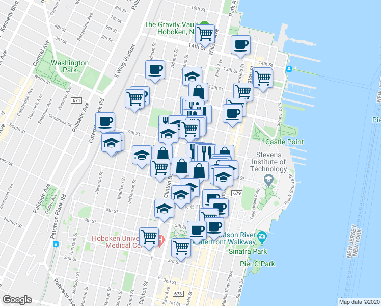 map of restaurants, bars, coffee shops, grocery stores, and more near 836 Park Avenue in Hoboken