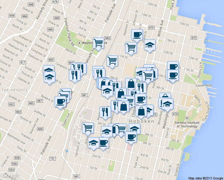 map of restaurants, bars, coffee shops, grocery stores, and more near 716-32 Madison Street in Hoboken