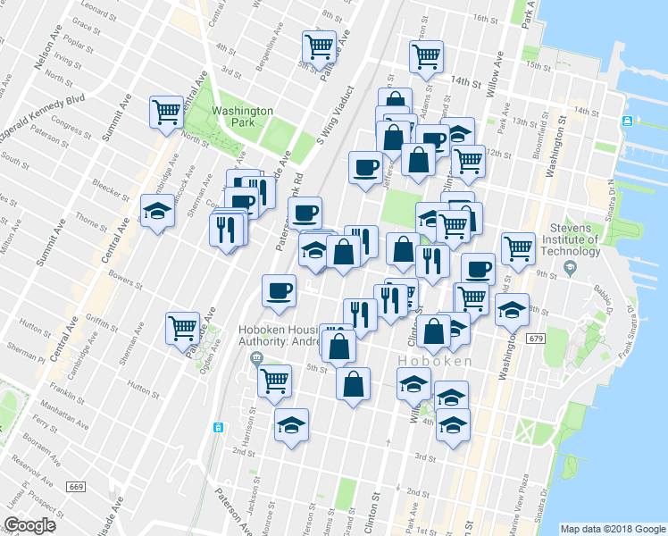 map of restaurants, bars, coffee shops, grocery stores, and more near 727 Monroe Street in Hoboken