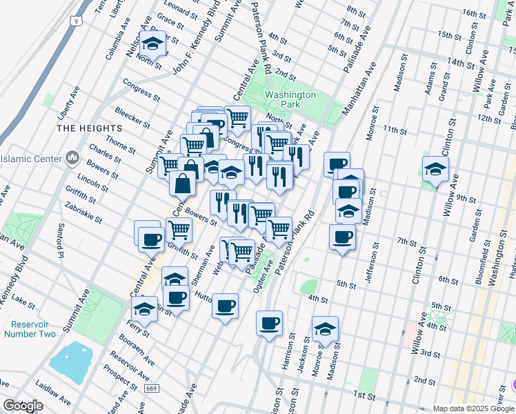 map of restaurants, bars, coffee shops, grocery stores, and more near 338 New York Avenue in Jersey City