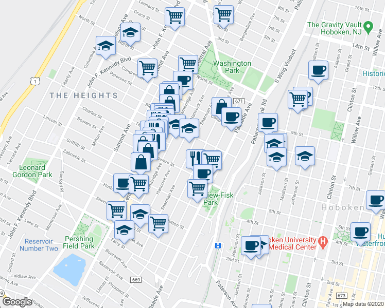map of restaurants, bars, coffee shops, grocery stores, and more near 263 Webster Avenue in Jersey City