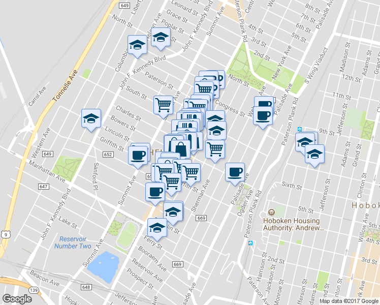 map of restaurants, bars, coffee shops, grocery stores, and more near 131 Cambridge Avenue in Jersey City