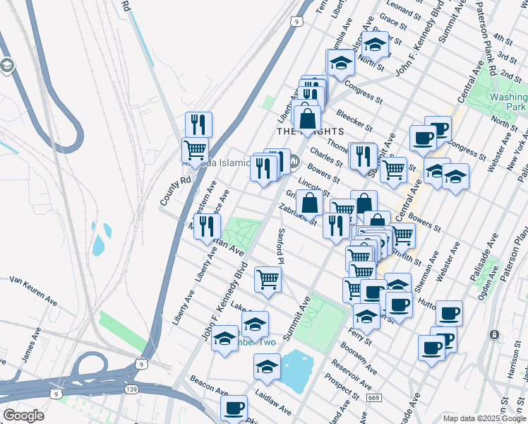 map of restaurants, bars, coffee shops, grocery stores, and more near 3371 John F. Kennedy Boulevard in Union City