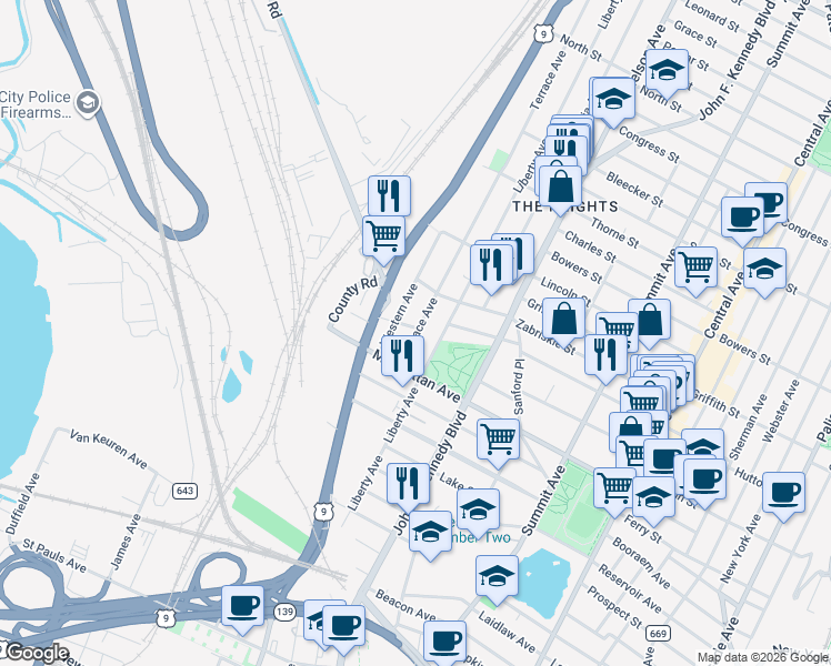 map of restaurants, bars, coffee shops, grocery stores, and more near 40 County Road 649 in Jersey City