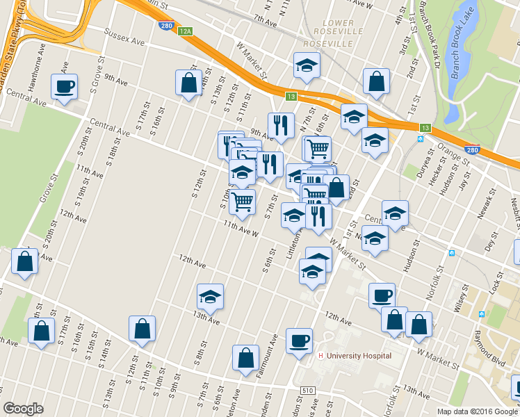 map of restaurants, bars, coffee shops, grocery stores, and more near 47 South 7th Street in Newark