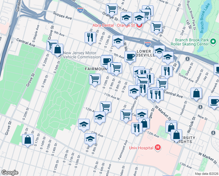 map of restaurants, bars, coffee shops, grocery stores, and more near 113 South 9th Street in Newark